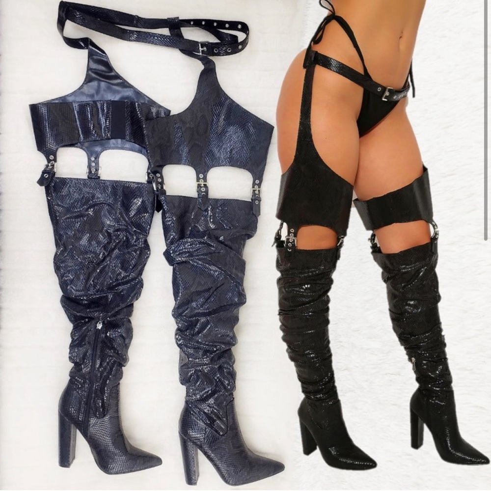 Black snake print thigh high boots with buckles